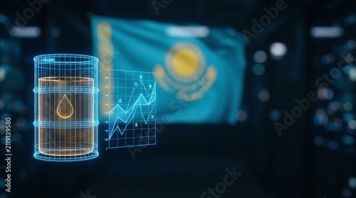 Kazakhstan Futuristic Digital Wireframe Hologram Oil Barrel and Stock Chart
