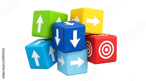 Colorful 3D blocks with arrows and target symbol, business strategy and direction concept, stack of toy cubes for corporate goal setting and planning