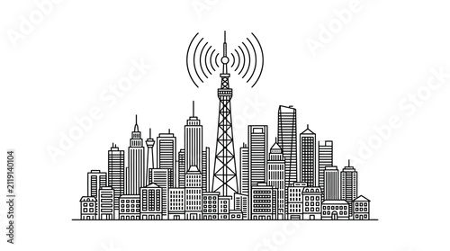 City Skyline with Communication Tower Outline Vector