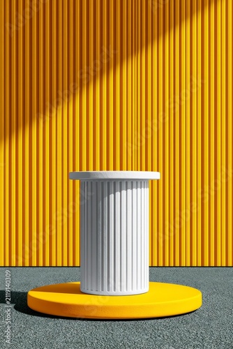 White fluted pedestal on yellow base before corrugated wall with sharp shadows and minimalist geometry for premium cosmetic product advertising