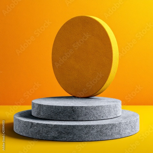 Granite podium cylinders stacked with a vertical yellow disk in a minimalist studio featuring sharp focus for cosmetic product advertising