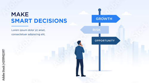 Business, Decision, Growth, Risk, Opportunity vector illustration of a businessman choosing the best path for business success. Modern flat design with signposts, city skyline, leadership, planning