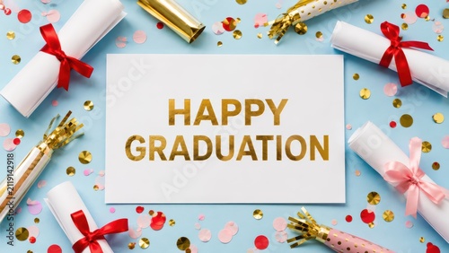 Graduation Day Delight: A festive composition celebrating graduation with rolled diplomas tied by ribbon, confetti, and party poppers, all centered around a Happy Graduation card.