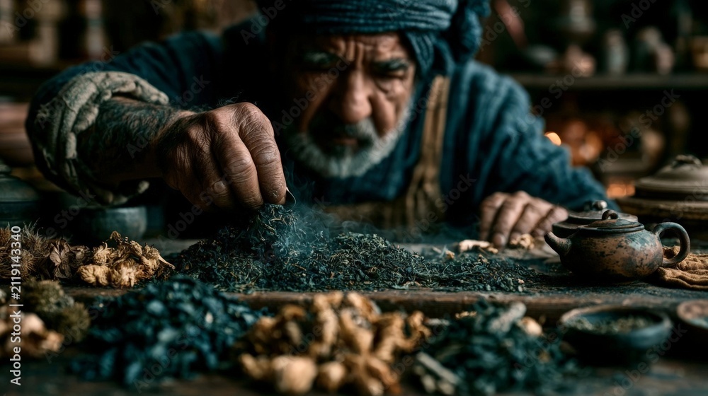 Obraz premium A cinematic close-up of an artisan blending loose tea leaves and dried botanicals in a dimly lit workshop, emphasizing texture, steam, and hand movement.