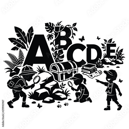 Happy children searching for alphabet letters in a colorful educational kids learning game illustration