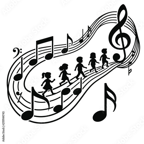 Happy children walking on colorful musical pathway in playful educational environment for kids