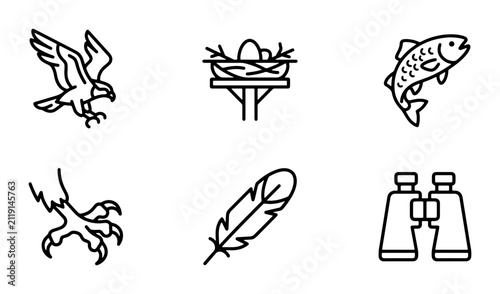 Bird Icons Set, Wildlife Nature Symbols, Eagle Nest Fish Feather Binoculars Vector
