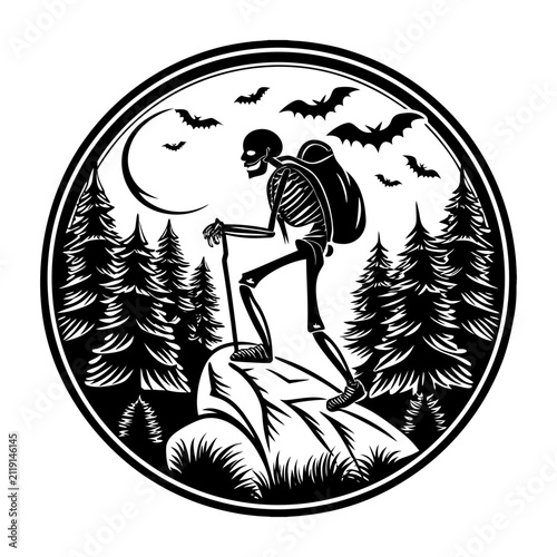 Skeleton Hiker Carrying Backpack Standing on Mountain Peak in Enchanted Dark Forest at Night