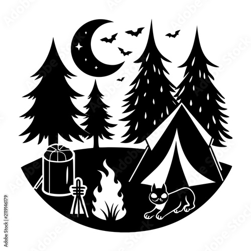 Black and White Camping Silhouette Icon Featuring a Tent Campfire and Forest under a Crescent Moon for Outdoor Adventure Design