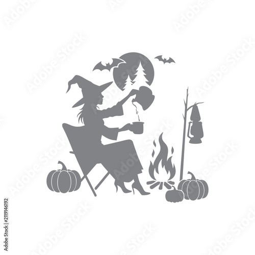 Witch Camping by Moonlight with Campfire and Pumpkins Silhouette Illustration for Halloween Decoration Design
