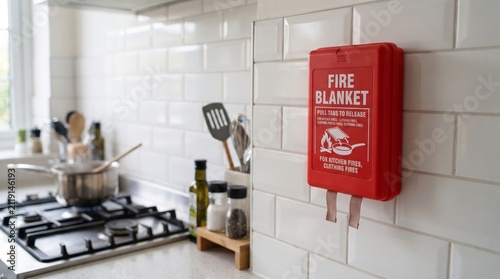 Fire Blanket Case Mounted on Kitchen Wall Near Gas Stove Safety Equipment