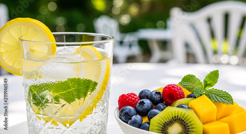 Refreshing Lemonade and Fresh Fruit Bowl on a Table