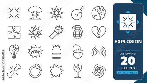 Konstfotografi Explosion line icon set with burst, bomb, grenade editable vector set