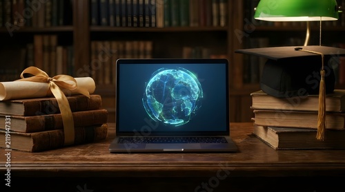 Laptop with digital globe and graduation cap in library