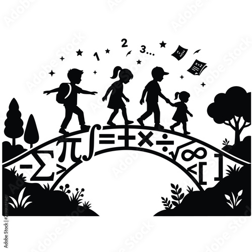 Colorful mathematical symbols bridge illustration for children's education vector design