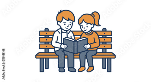 Children Reading on Park Bench Vector Illustration