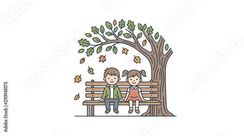 Children Sitting on Park Bench Autumn Vector Illustration