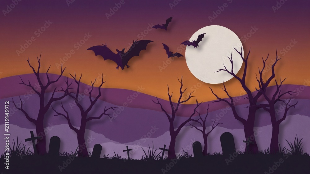 Fototapeta premium Spooky papercraft graveyard scene featuring silhouetted bare trees bats and full moon at dusk with white moon against purple sunset sky displays layered papercraft