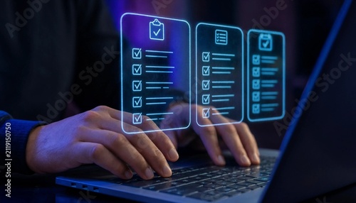 Person typing on a laptop with glowing blue digital checklist icons floating on a dark background representing task management and business workflow automation technology