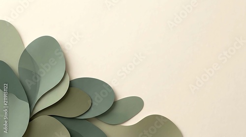 Abstract organic shapes in shades of sage green layered on a soft beige background