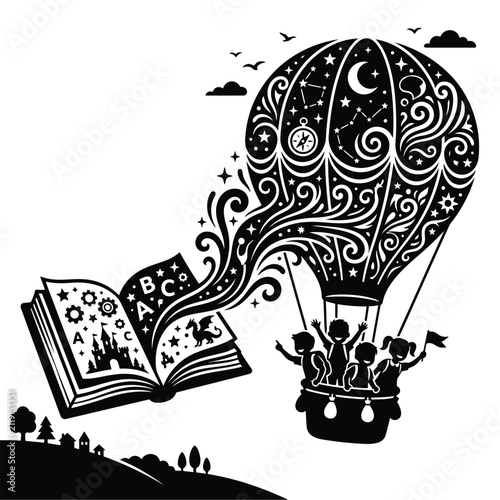 Whimsical storybook scene with colorful hot air balloons and children learning together in a magical educational setting