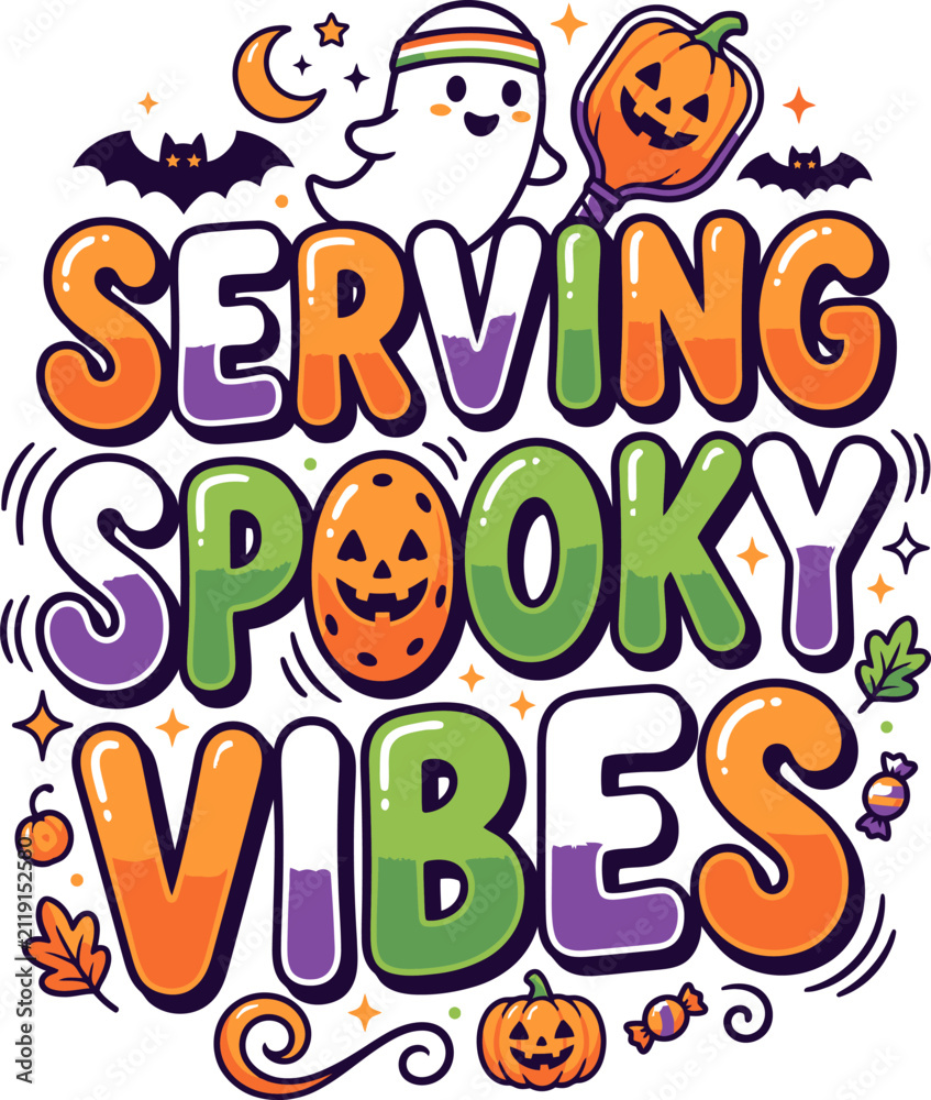 Fototapeta premium Serving spooky vibes Halloween typography design with cute ghost pumpkin bat and candy elements for festive holiday apparel and party decoration graphics