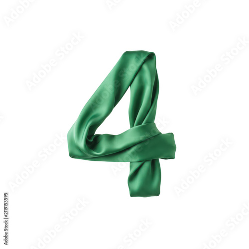 Number four is formed by draped green silk fabric on transparent background