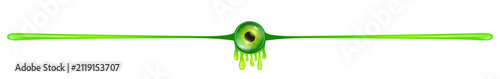 Halloween green slime divider vector illustration. Spooky Haloween monster eyeball with dripping toxic goo line isolated on white background for party invitation, poster border and page overlay.