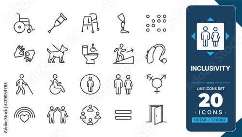 Inclusivity and accessibility line icon set featuring disability support, gender equality, diversity, mobility aids, sign language and social inclusion editable vector collection