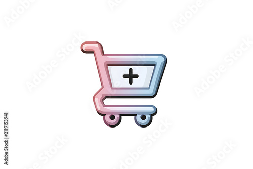 Stylized shopping cart icon with plus symbol, modern design, vibrant colors, ideal for e-commerce applications