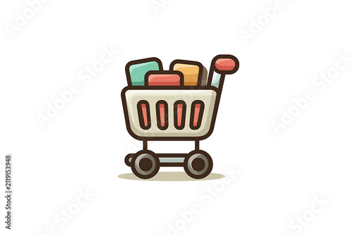 Colorful shopping cart illustration with various items, playful design for e-commerce, web graphics, and marketing materials