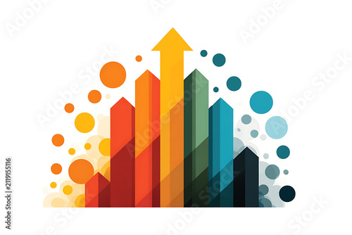 Colorful abstract growth chart with upward arrow, vibrant geometric shapes, circles and bars, ideal for business presentations and analytics