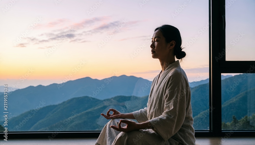 Fototapeta premium Peaceful woman meditating in lotus pose at sunrise against mountain landscape