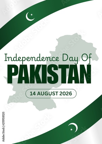 Pakistan Independence Day graphic with flag colors and map silhouette August fourteenth celebration