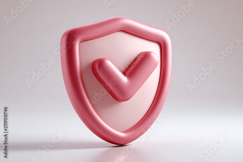 3D pink shield icon with check mark, symbolizing security and trust, ideal for web design and branding
