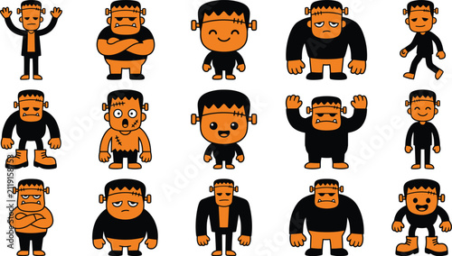 Collection of cute cartoon halloween frankenstein monster characters isolated on transparent background