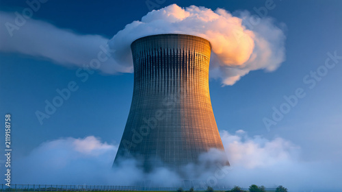 Nuclear power station cooling tower with steam emitting into cloudy sky.