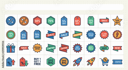 Sale and discount icons, vector graphics, shopping tags, and promotional badges for commerce and marketing