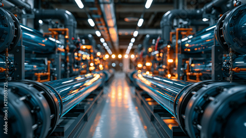 Hydrogen electrolysis corridor in a modern industrial plant with symmetrical engineering perspective and clean advanced technology, photorealistic wide banner