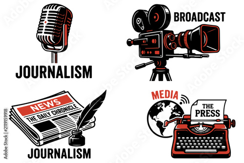 Journalism and Media Icons: A collage of iconic symbols representing journalism and the media, including a vintage microphone, a classic film camera, a newspaper with an inkwell and quill.