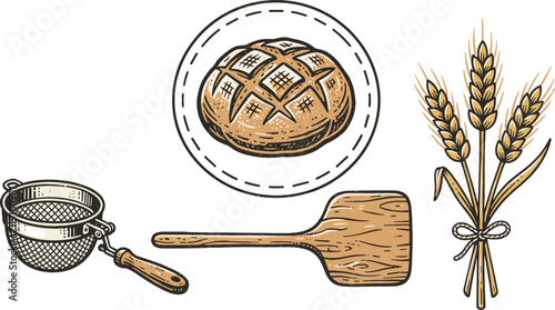 Fotografie Bakery and Fresh Bread Vector Illustration Set Featuring Artisan Sourdough Loaf,