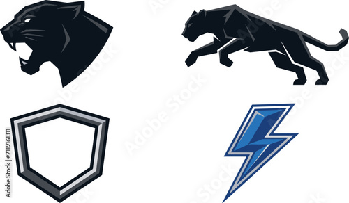 Obraz na płótnie Black Panther Sports Mascot Vector Icon Set with Prowling Jaguar, Shield Border,