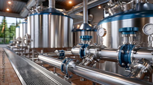 CIP cleaning in a dairy plant with polished hygienic tanks and piping system, industrial food production maintenance setup for sanitary hygiene