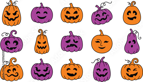 Set of spooky halloween pumpkin vector flat illustration designs isolated on transparent background
