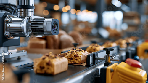 Industrial bakery packaging line with machine vision system verifying seal integrity and product placement in a clean automated food factory photorealistic wide