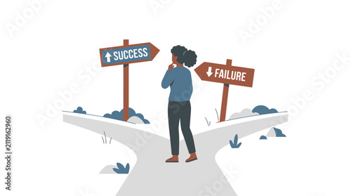 Fotografie Woman at Fork in Road with Success or Failure Signs