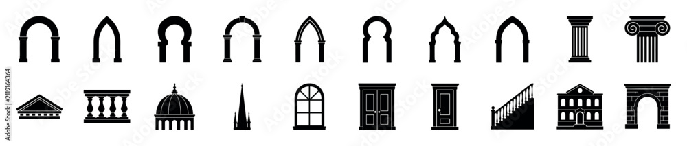 Fototapeta premium Set of black architectural element icons featuring various arches, columns, doors, a dome, a spire, and a window from classical, gothic, and moorish historical styles