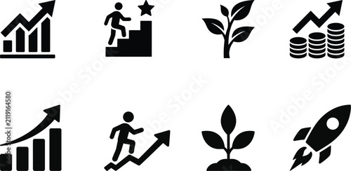 Icons Representing Growth, Success, and Financial Increase with Upward Trends and a Rocket Featuring Trend, Business, Progress