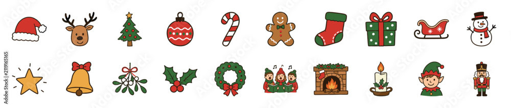 Fototapeta premium Large collection of colorful Christmas icons featuring a reindeer, snowman, gift, and tree in a cute, hand-drawn cartoon style for festive holiday winter celebrations