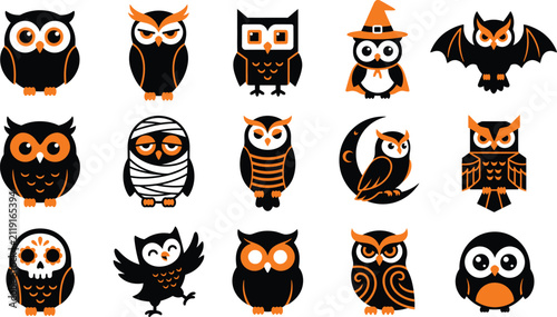 Collection of cute halloween owl vector flat illustration elements isolated on transparent background